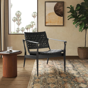 Safavieh DILAN Leather Safari Chair - Modern Mid-Century Design with Woven Straps for Elegant Living Spaces Black / Black SFV9005C