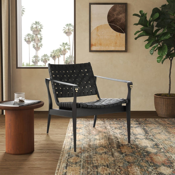 Safavieh DILAN Leather Safari Chair - Modern Mid-Century Design with Woven Straps for Elegant Living Spaces Black / Black SFV9005C