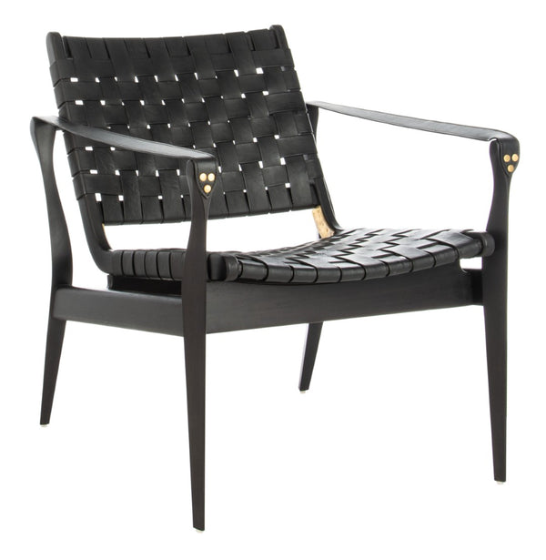 Safavieh DILAN Leather Safari Chair - Modern Mid-Century Design with Woven Straps for Elegant Living Spaces Black / Black SFV9005C