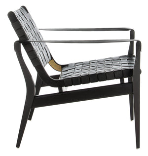 Safavieh DILAN Leather Safari Chair - Modern Mid-Century Design with Woven Straps for Elegant Living Spaces Black / Black SFV9005C