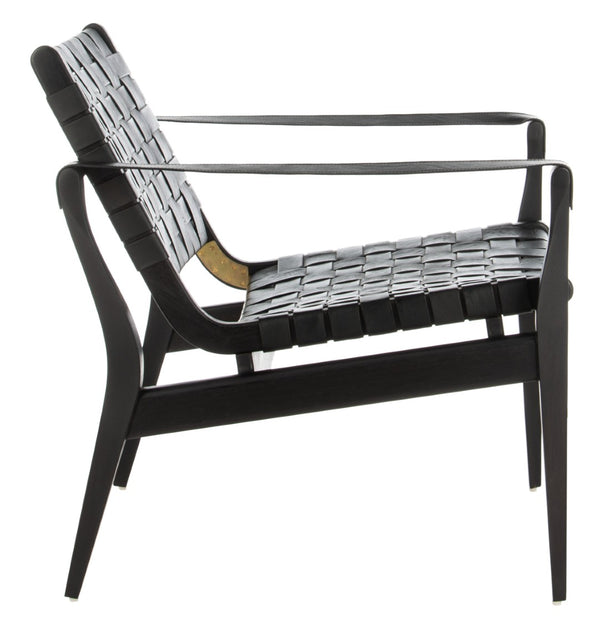 Safavieh DILAN Leather Safari Chair - Modern Mid-Century Design with Woven Straps for Elegant Living Spaces Black / Black SFV9005C