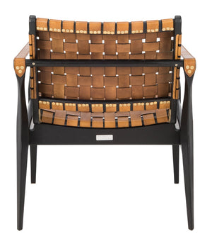 Safavieh DILAN Leather Safari Chair - Modern Mid-Century Design with Woven Straps for Elegant Living Spaces Black / Brown SFV9005D