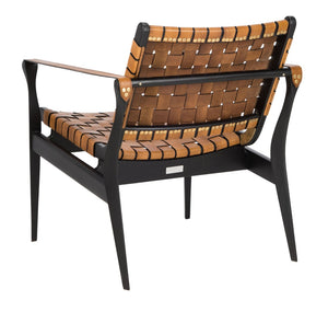 Safavieh DILAN Leather Safari Chair - Modern Mid-Century Design with Woven Straps for Elegant Living Spaces Black / Brown SFV9005D