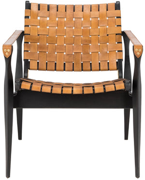 Safavieh DILAN Leather Safari Chair - Modern Mid-Century Design with Woven Straps for Elegant Living Spaces Black / Brown SFV9005D