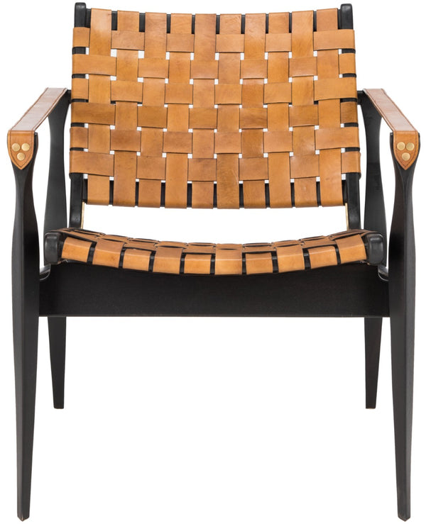 Safavieh DILAN Leather Safari Chair - Modern Mid-Century Design with Woven Straps for Elegant Living Spaces Black / Brown SFV9005D