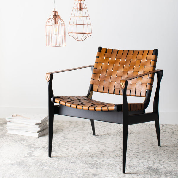 Safavieh DILAN Leather Safari Chair - Modern Mid-Century Design with Woven Straps for Elegant Living Spaces Black / Brown SFV9005D