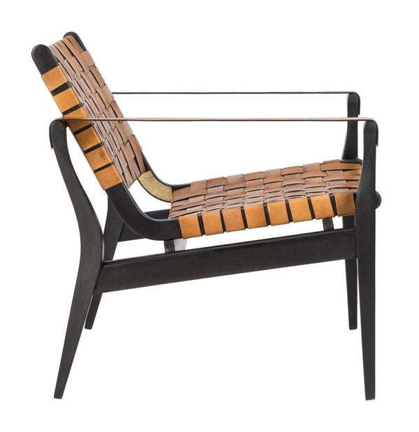 Safavieh DILAN Leather Safari Chair - Modern Mid-Century Design with Woven Straps for Elegant Living Spaces Black / Brown SFV9005D