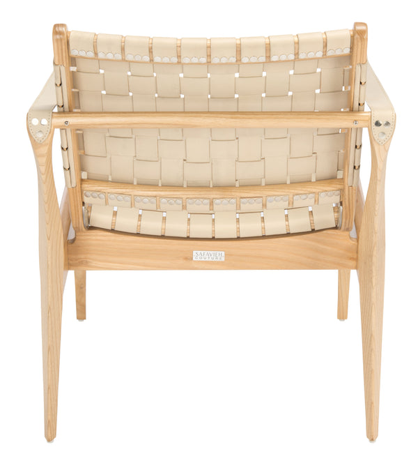 Safavieh Dilan Modern Safari Chair – White Leather Straps & Natural Sungkai Wood, Mid-century Danish Design White 5% Metal,50% Wood,45% Fabric Sfv9005e