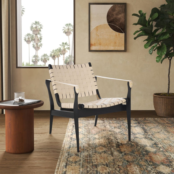 Safavieh DILAN Leather Safari Chair - Modern Mid-Century Design with Woven Straps for Elegant Living Spaces Black / White SFV9005F