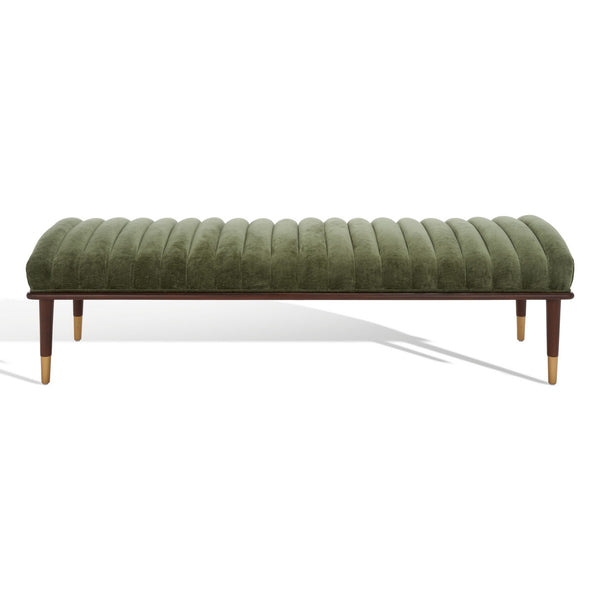 Safavieh Flannery Mid-Century Bench XII23 Olive Green / Dark Mahogany Wood / Fabric / Metal SFV9017C