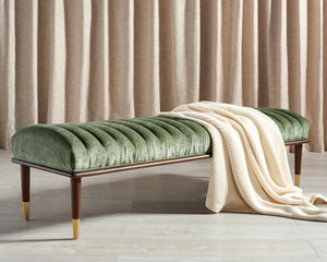 Safavieh Flannery Mid-Century Bench XII23 Olive Green / Dark Mahogany Wood / Fabric / Metal SFV9017C