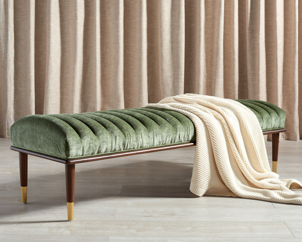 Safavieh Flannery Mid-Century Bench XII23 Olive Green / Dark Mahogany Wood / Fabric / Metal SFV9017C