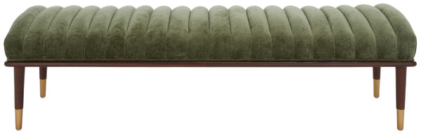 Safavieh Flannery Mid-Century Upholstered Bench Olive Fabric Wood Frame Bedroom Entryway SFV9017C