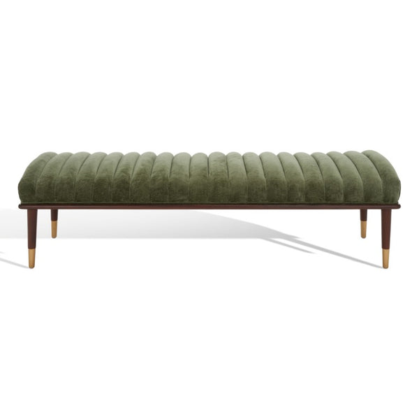 Safavieh Flannery Mid-Century Upholstered Bench Olive Fabric Wood Frame Bedroom Entryway SFV9017C