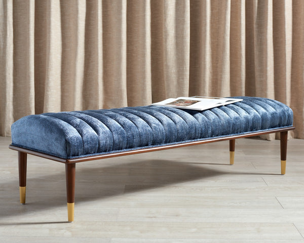 Safavieh Flannery Mid-Century Bench XII23 Dark Blue / Dark Mahogany Wood / Fabric / Metal SFV9017D
