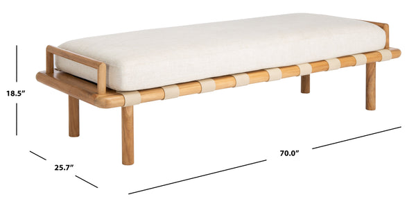 Safavieh Constantine Teak Bench - Coastal Elegance With White Linen Cushion & Woven Leather Top For Modern Spaces Natural ,White 2% Metal,50% Wood,18% Fabric,30% Foam Sfv9026a