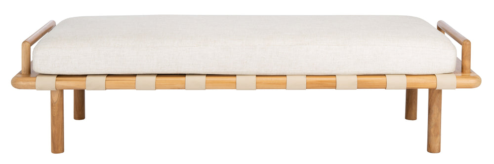 Safavieh Constantine Teak Bench - Coastal Elegance With White Linen Cushion & Woven Leather Top For Modern Spaces Natural ,White 2% Metal,50% Wood,18% Fabric,30% Foam Sfv9026a