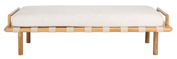 Safavieh Constantine Teak Bench - Coastal Elegance With White Linen Cushion & Woven Leather Top For Modern Spaces Natural ,White 2% Metal,50% Wood,18% Fabric,30% Foam Sfv9026a
