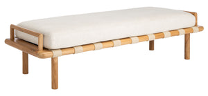 Safavieh Constantine Teak Bench - Coastal Elegance With White Linen Cushion & Woven Leather Top For Modern Spaces Natural ,White 2% Metal,50% Wood,18% Fabric,30% Foam Sfv9026a