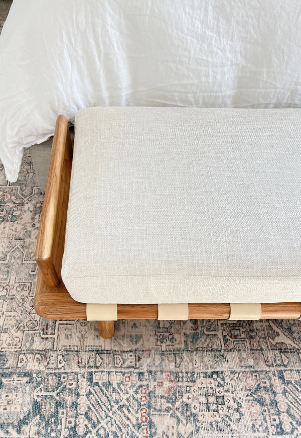 Safavieh Constantine Teak Bench - Coastal Elegance With White Linen Cushion & Woven Leather Top For Modern Spaces Natural ,White 2% Metal,50% Wood,18% Fabric,30% Foam Sfv9026a