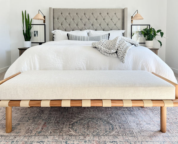 Safavieh Constantine Teak Bench - Coastal Elegance With White Linen Cushion & Woven Leather Top For Modern Spaces Natural ,White 2% Metal,50% Wood,18% Fabric,30% Foam Sfv9026a