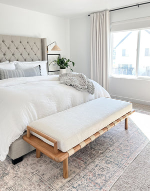 Safavieh Constantine Teak Bench - Coastal Elegance With White Linen Cushion & Woven Leather Top For Modern Spaces Natural ,White 2% Metal,50% Wood,18% Fabric,30% Foam Sfv9026a