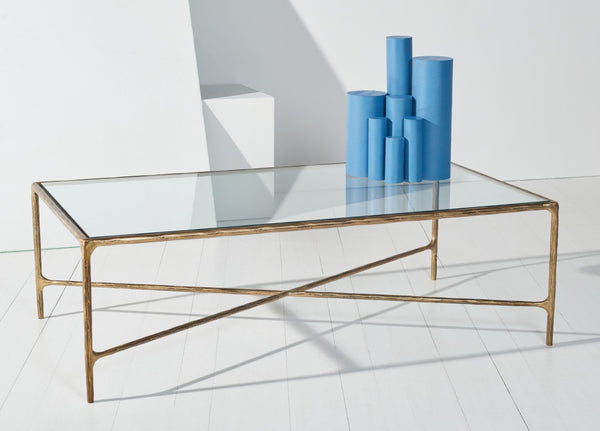 Safavieh JESSA Rectangle Metal Coffee Table – Elegant Forged Frame with Glass Top for Modern Living Spaces Brass SFV9500A