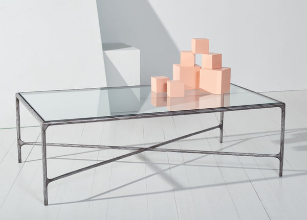 Safavieh JESSA Rectangle Metal Coffee Table – Elegant Forged Frame with Glass Top for Modern Living Spaces Silver SFV9500B