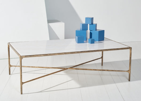 Safavieh JESSA Rectangle Coffee Table - Luxurious Marble Top with Elegant Black Metal Frame for Modern Living White / Brass SFV9500C