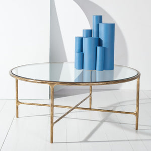 Safavieh JESSA Round Coffee Table – Elegant Metal Frame with Tempered Glass Top for Chic Living Spaces Brass SFV9501A