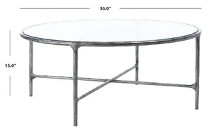 Safavieh JESSA Round Coffee Table – Elegant Metal Frame with Tempered Glass Top for Chic Living Spaces Silver SFV9501B