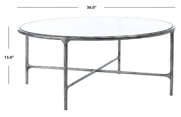 Safavieh JESSA Round Coffee Table – Elegant Metal Frame with Tempered Glass Top for Chic Living Spaces Silver SFV9501B