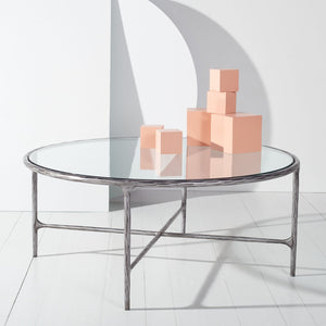 Safavieh JESSA Round Coffee Table – Elegant Metal Frame with Tempered Glass Top for Chic Living Spaces Silver SFV9501B