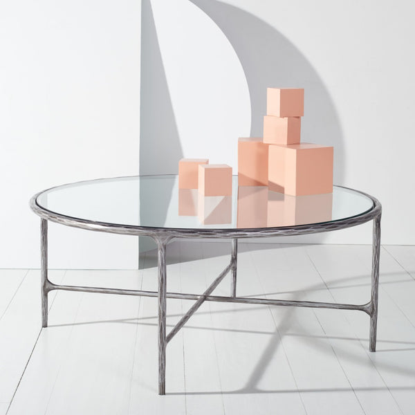 Safavieh JESSA Round Coffee Table – Elegant Metal Frame with Tempered Glass Top for Chic Living Spaces Silver SFV9501B