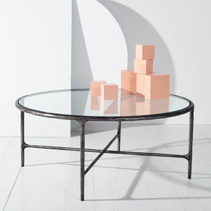 Safavieh JESSA Round Coffee Table – Elegant Metal Frame with Tempered Glass Top for Chic Living Spaces Black SFV9501E