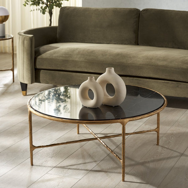 Safavieh JESSA Round Coffee Table in Brass & Black Marble - Chic Centerpiece for Modern Glam Interiors SFV9501F