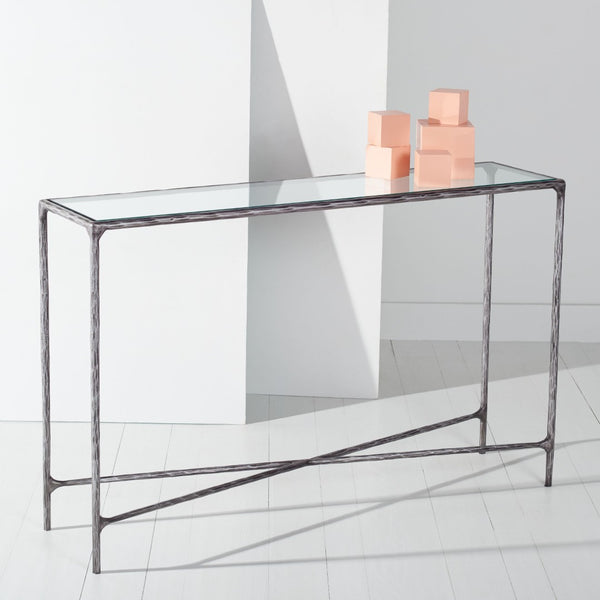 Safavieh JESSA Forged Metal Console Table - Elegant Tempered Glass Top for Modern and Classic Interiors Silver SFV9502B