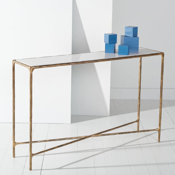 Safavieh JESSA Elegant Forged Metal Console Table with Luxurious Marble Top for Modern Living Spaces White / Brass SFV9502C