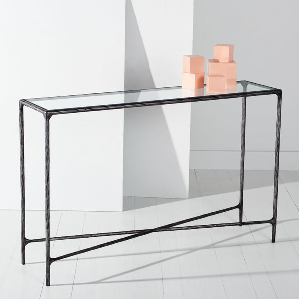 Safavieh JESSA Forged Metal Console Table - Elegant Tempered Glass Top for Modern and Classic Interiors Black SFV9502E