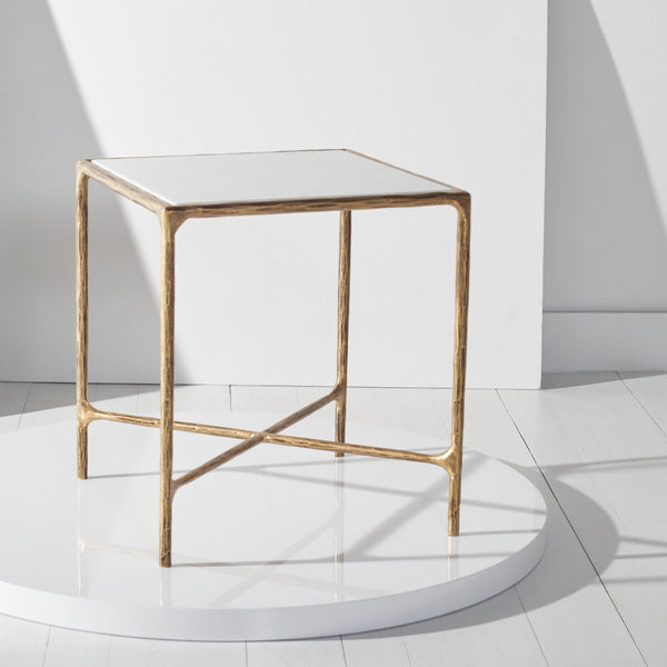 Safavieh JESSA Forged Metal Square End Table - Industrial Elegance with Marble Top and Wood Accents White / Brass SFV9503C