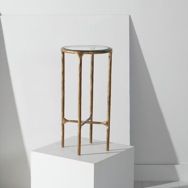 Safavieh JESSA Forged Metal Tall Round End Table – Elegant Glass Top, Modern Design for Stylish Living Spaces Brass SFV9504A