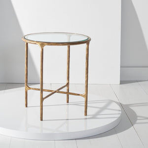 Safavieh JESSA Forged Metal Round End Table – Modern Elegance with Glass Top and Sturdy Design for Living Spaces Brass SFV9505A