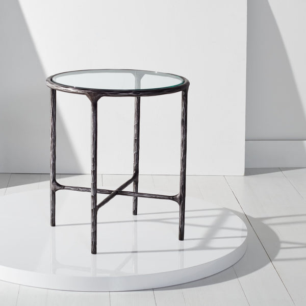 Safavieh JESSA Forged Metal Round End Table – Modern Elegance with Glass Top and Sturdy Design for Living Spaces Black SFV9505E