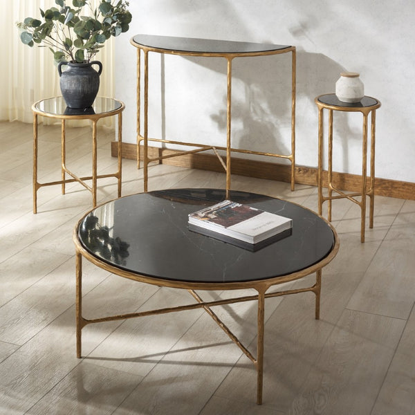 Safavieh JESSA Forged Metal Round End Table - Black Marble Top & Brass Finish for Elegant Living Spaces SFV9505F
