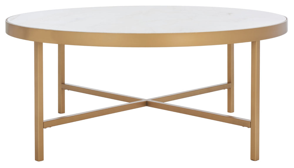Safavieh CARALYN Round Marble Coffee Table - Elegant White & Brass Design for Modern Living Room Décor SFV9512A