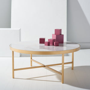 Safavieh CARALYN Round Marble Coffee Table - Elegant White & Brass Design for Modern Living Room Décor SFV9512A