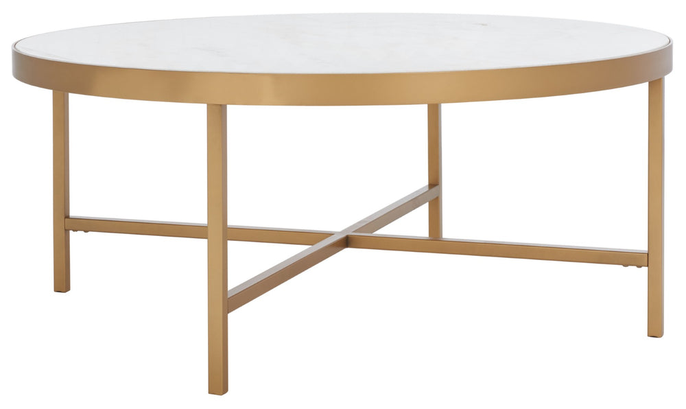 Safavieh CARALYN Round Marble Coffee Table - Elegant White & Brass Design for Modern Living Room Décor SFV9512A