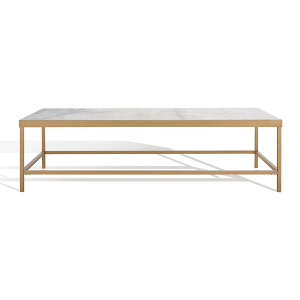 Safavieh CARALYN Rectangle Marble Coffee Table - Elegant White Top & Brass Base for Modern Living Rooms SFV9513A