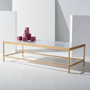 Safavieh CARALYN Rectangle Marble Coffee Table - Elegant White Top & Brass Base for Modern Living Rooms SFV9513A