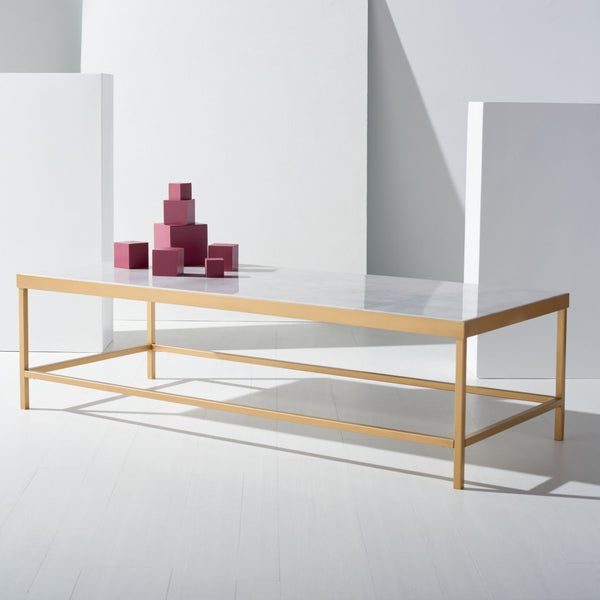 Safavieh CARALYN Rectangle Marble Coffee Table - Elegant White Top & Brass Base for Modern Living Rooms SFV9513A